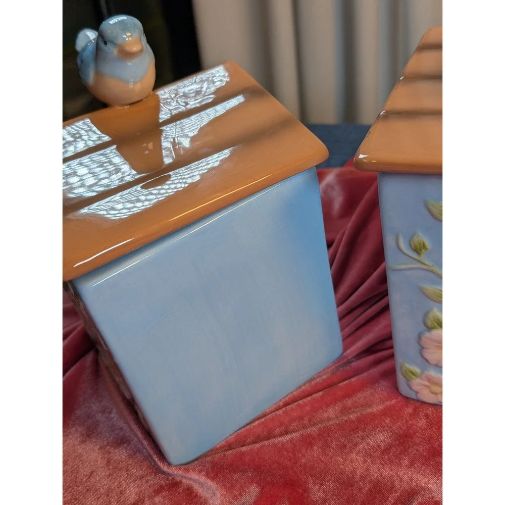 Ceramic Birdhouse Canister Set 3 Piece Bluebird & Floral Nesting Kitchen Jars